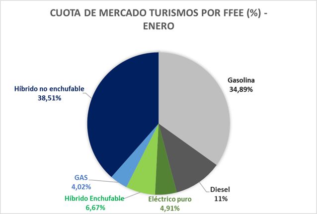 Las ventas de turismos electrificados aumentan hasta el 6,1% del mercado en España en enero y suponen el 10,3% del mercado