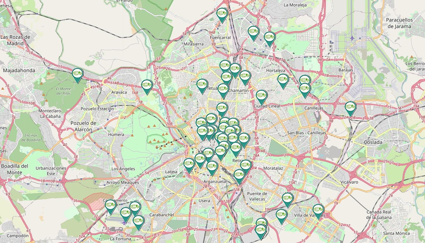 Mapa interactivo de los Puntos de Recarga para vehículos eléctricos de acceso público en Madrid